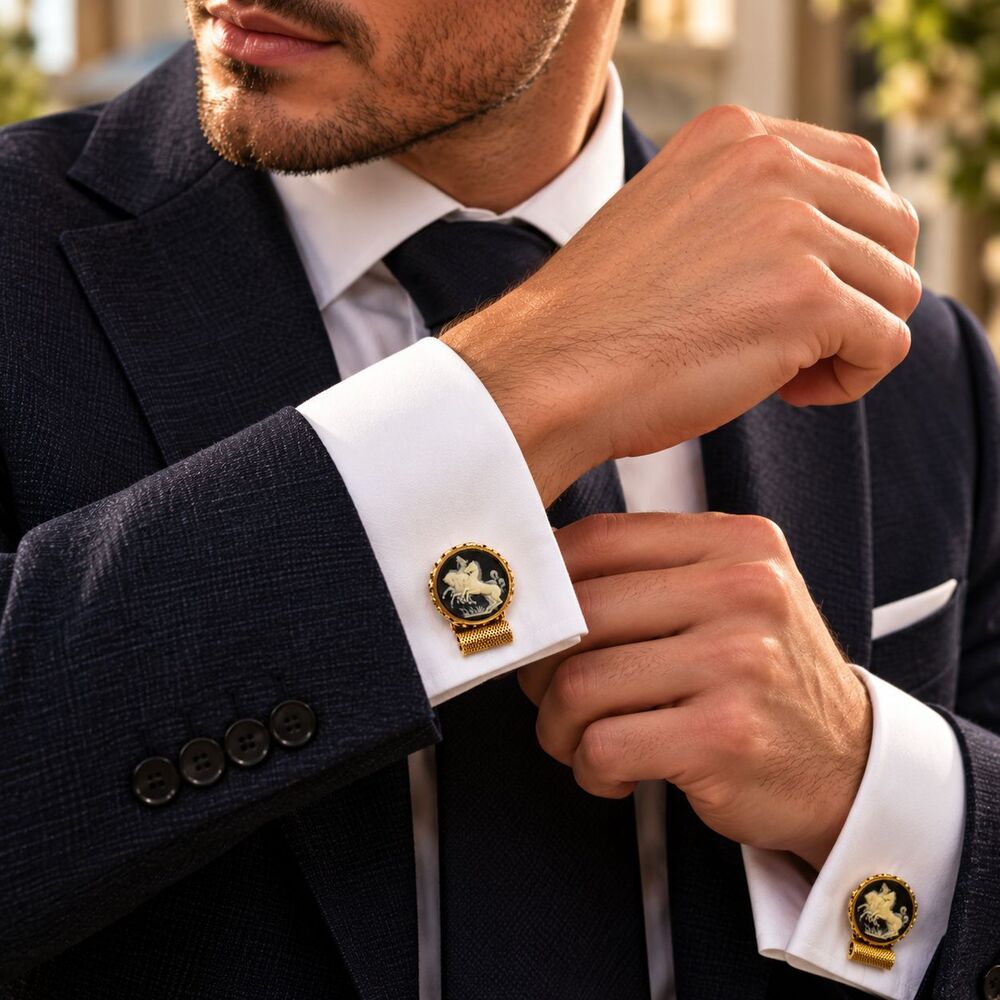 Vintage Cameo Horse Cufflinks Gold Tone Mesh Bullet Back Mens Jewelry Wedding